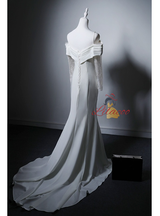 White Mermaid Long Sleeve Pleats Wedding Dress