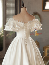 White Satin Lace Puff Sleeve Bow Wedding Dress