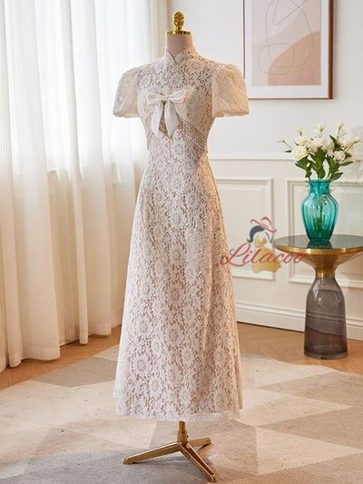 Lace Backless Tea Length Wedding Dress