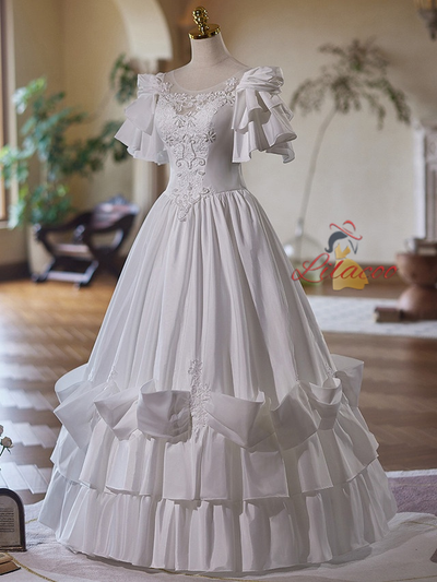 White Satin Tiers Appliques Beading Wedding Dress