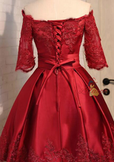 Burgundy Satin Short Sleeve Appliques Homecoming Dress