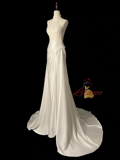 White Satin Lace Halter Wedding Dress