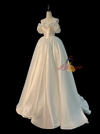 White Satin Flower Wedding Dress