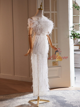 White Sequins Feather Wedding Dress