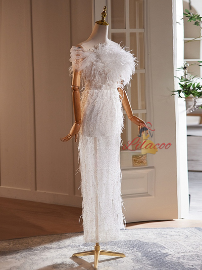 White Sequins Feather Wedding Dress