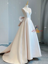 Simple Ivory Satin V-neck Backless Bow Wedding Dress