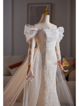 White Mermaid Tulle Lace Pleats Wedding Dress