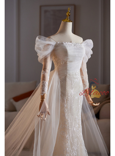 White Mermaid Tulle Lace Pleats Wedding Dress