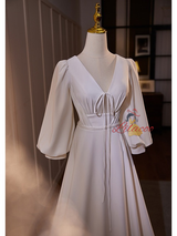 White V-neck Puff Sleeve Pleats Wedding Dress