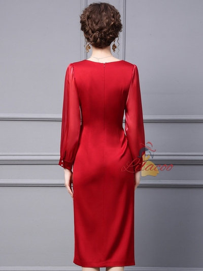 Red V-neck Long Sleeve Mother Of The Bride Dress