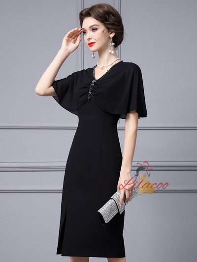 Black V-neck Split Beading Mother Of The Bride Dress