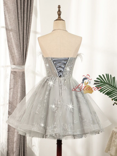 Gray Tulle Sequins Strapless Homecoming Dress