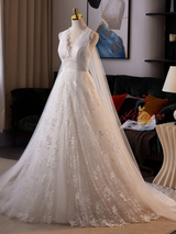 White Lace V-neck Backless Wedding Dress