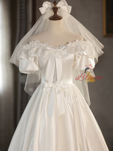 White Satin Lace Off the Shoulder Bow Wedding Dress