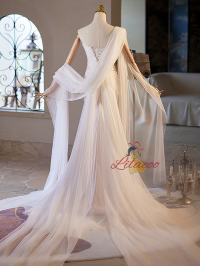 White Mermaid Tulle Pleats Wedding Dress
