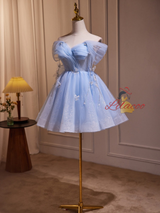 Blue Tulle Sequins Off the Shoulder Homecoming Dress