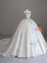 White Ball Gown Satin Beading Strapless Wedding Dress