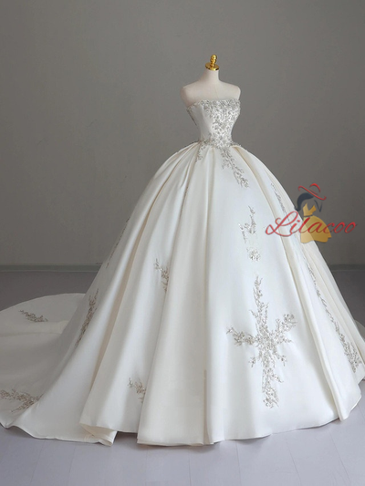 White Ball Gown Satin Beading Strapless Wedding Dress
