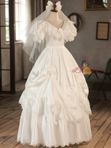 Vintage White Satin Lace Short Sleeve Wedding Dress