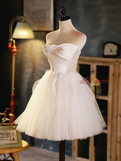 Beige Tulle Satin Pleats Homecoming Dress
