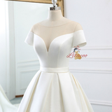 White Satin Scoop Neck Wedding Dress