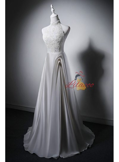 White Satin Lace Halter Wedding Dress