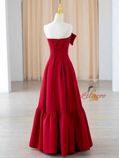 Burgundy Strapless Bow Prom Dress
