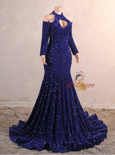 Blue Mermaid Halter Sequins Long Sleeve Prom Dress
