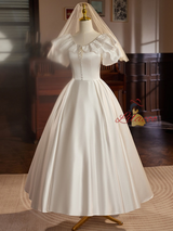 White Satin Puff Sleeve Button Wedding Dress