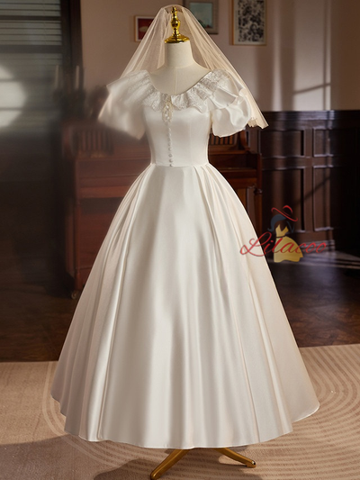 White Satin Puff Sleeve Button Wedding Dress