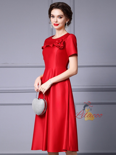 Red Satin Short Sleeve Mother Of The Bride Dress