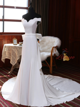 White Off the Shoulder Bow Wedding Dress