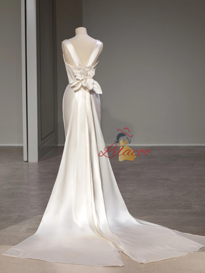 Ivory Satin Mermaid Flower Wedding Dress