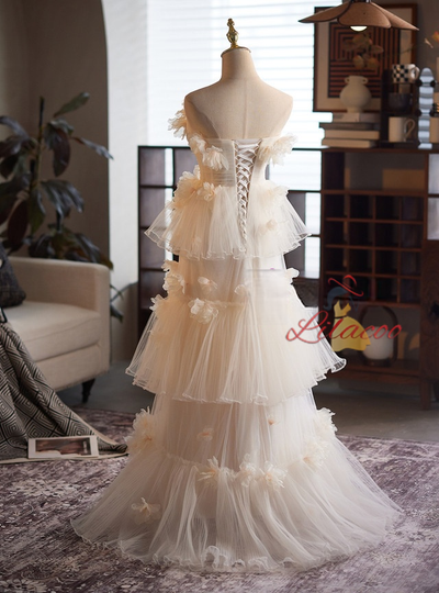 Champagne Tulle 3D Flower Wedding Dress