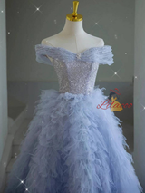 Blue Tulle Sequins Off the Shoulder Prom Dress