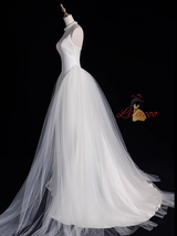 White Tulle Satin Spaghetti Straps Wedding Dress