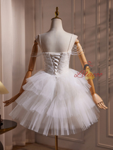White Tulle Spaghetti Straps Beading Wedding Dress