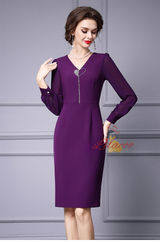 Purple V-neck Beading Long Sleeve Mother Of The Bride Dress