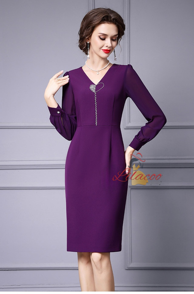 Purple V-neck Beading Long Sleeve Mother Of The Bride Dress