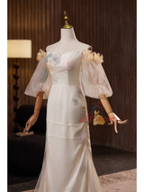 Light Champagne Puff Sleeve Flower Wedding Dress
