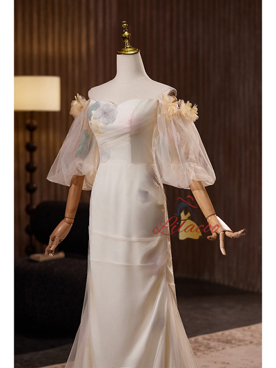 Light Champagne Puff Sleeve Flower Wedding Dress