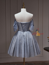 A-line Blue Gray Tulle Beading Homecoming Dress