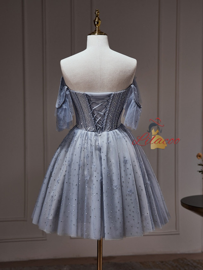 A-line Blue Gray Tulle Beading Homecoming Dress