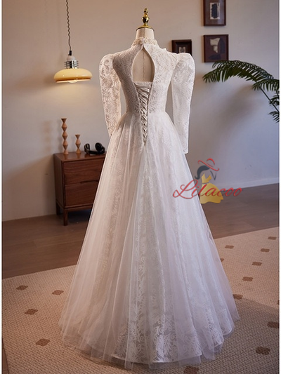 White Lace Tulle Long Sleeve High Neck Wedding Dress