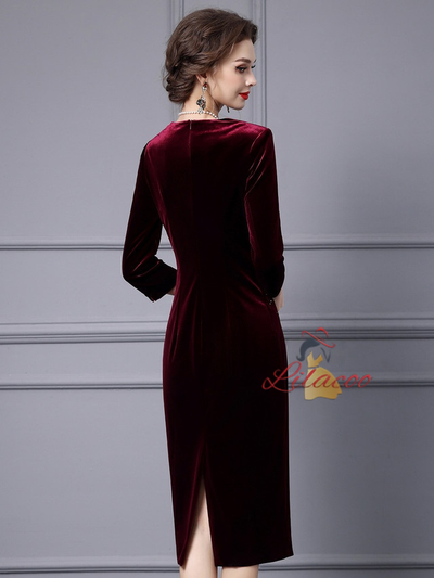 Burgundy Velvet Short Sleeve Mother Of The Bride Dress