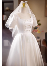 White Satin Square Neck Pearls Wedding Dress