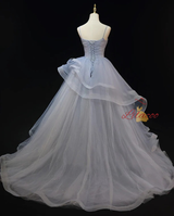 Gray Tulle Straps Pleats Pearls Prom Dress