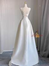 Ivory White Satin Hi Lo Straps Wedding Dress