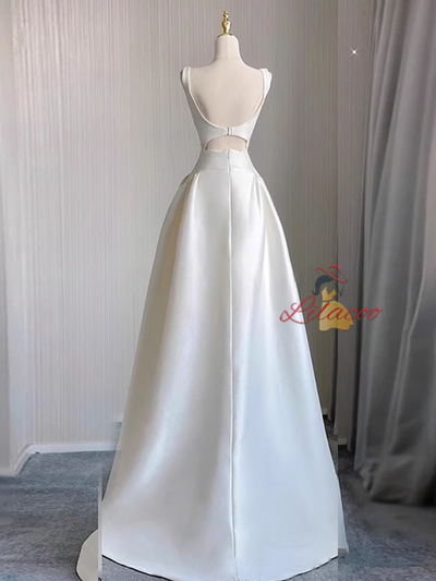 Ivory White Satin Hi Lo Straps Wedding Dress