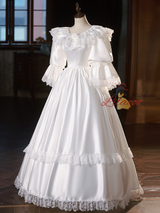 Vintage White Satin Long Sleeve Lace Wedding Dress